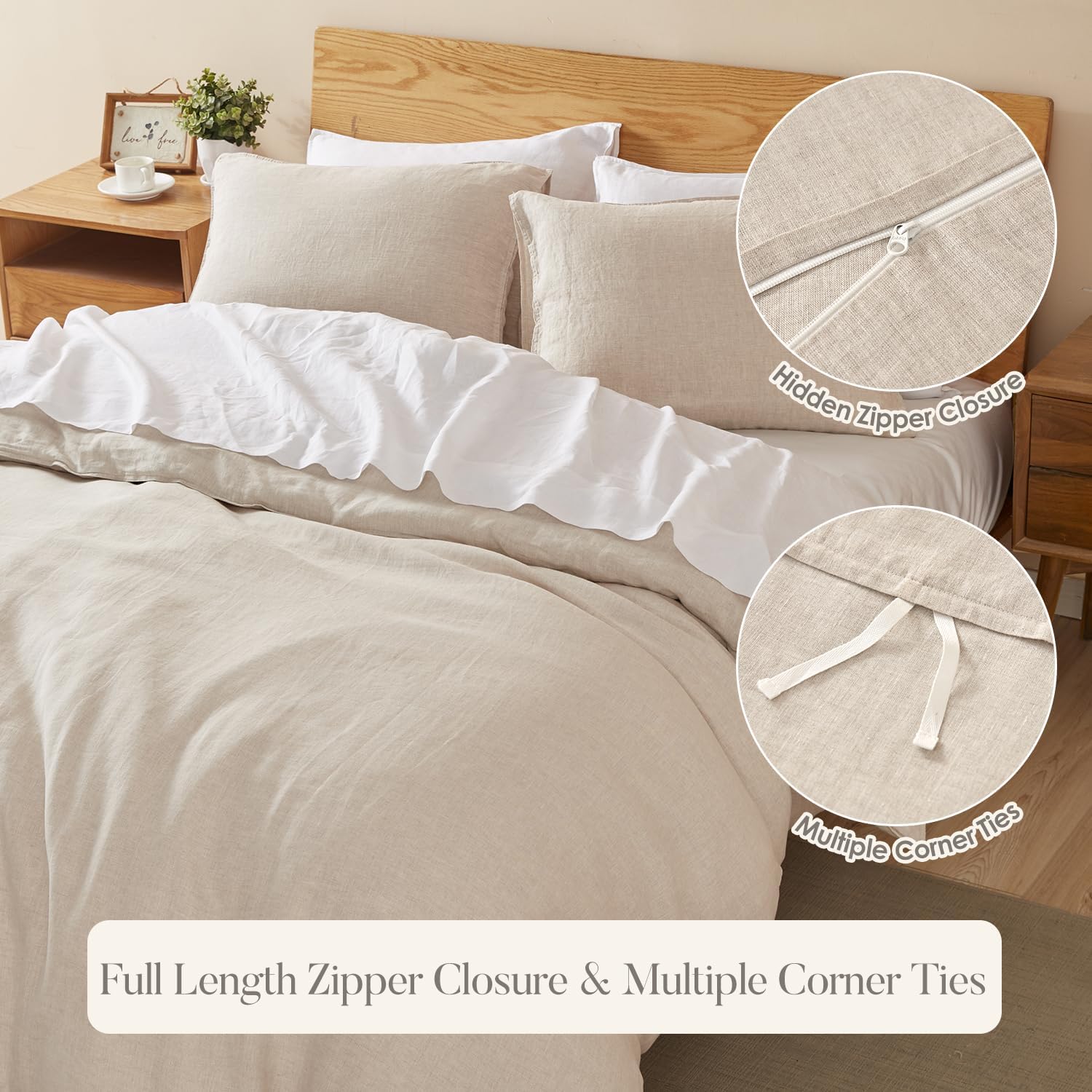 French Flax Linen Duvet Cover Set of 3 Piece, King, Natural