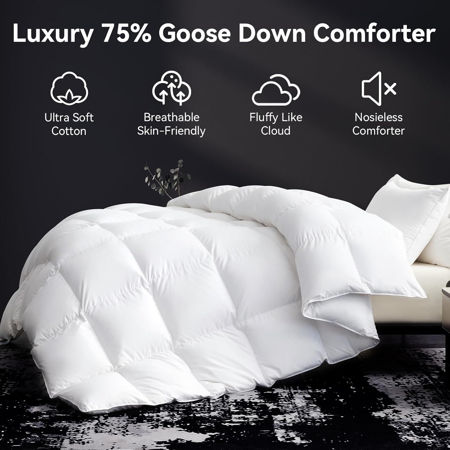 Goose Down Fiber Comforter, King Size 850+ Fill Power, 1200TC, All Season