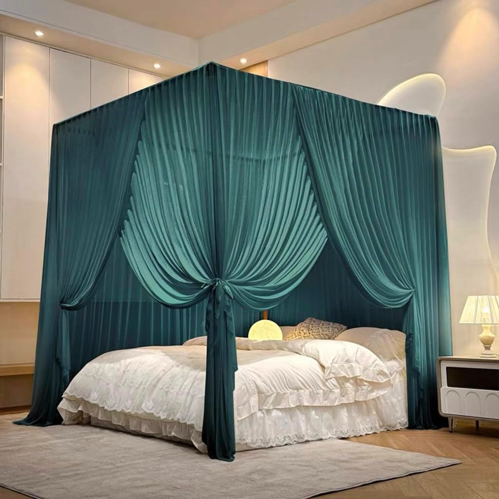 Silk Satin Bed Canopy Curtain, 4 Corner Post, Full, Green