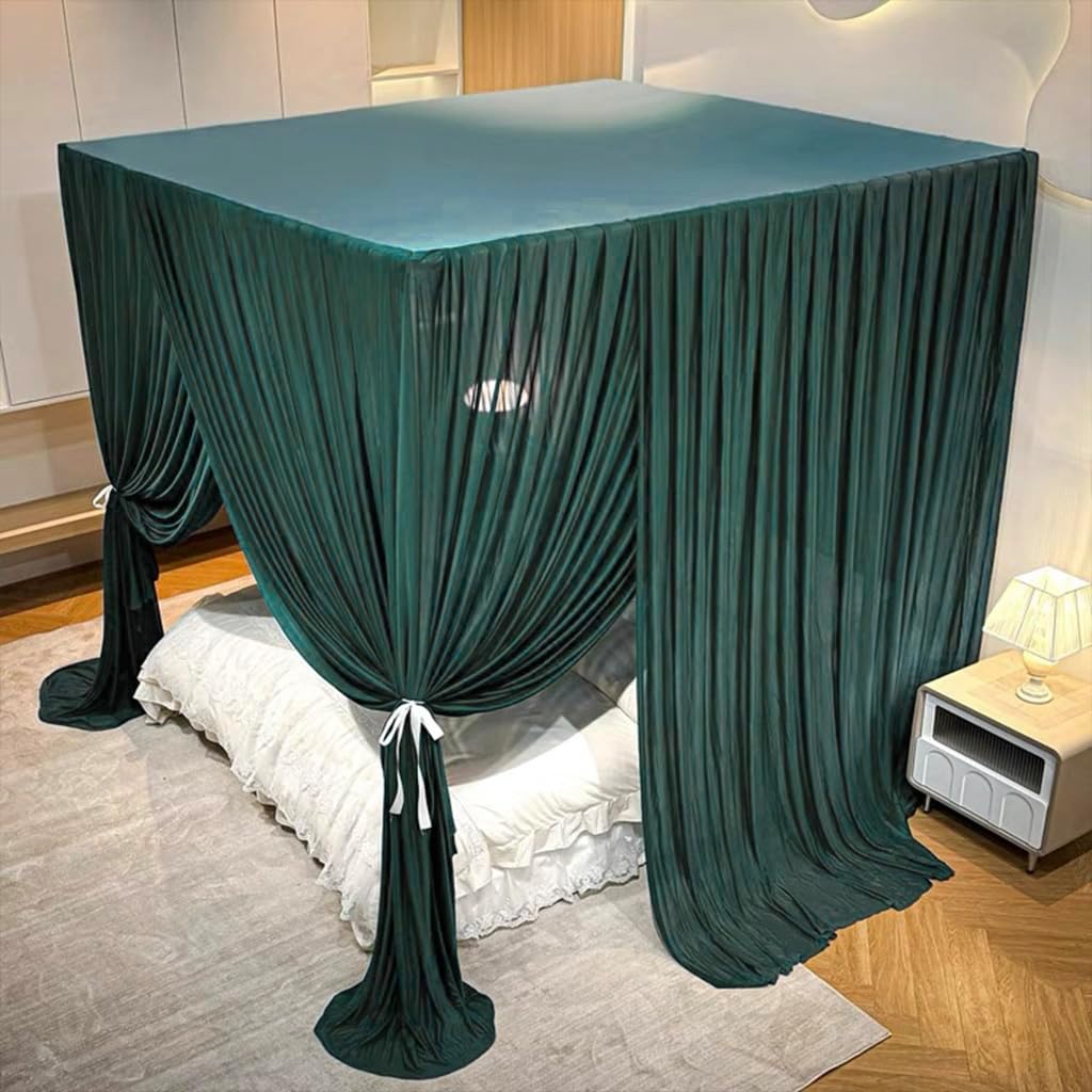 Silk Satin Bed Canopy Curtain, 4 Corner Post, Full, Green
