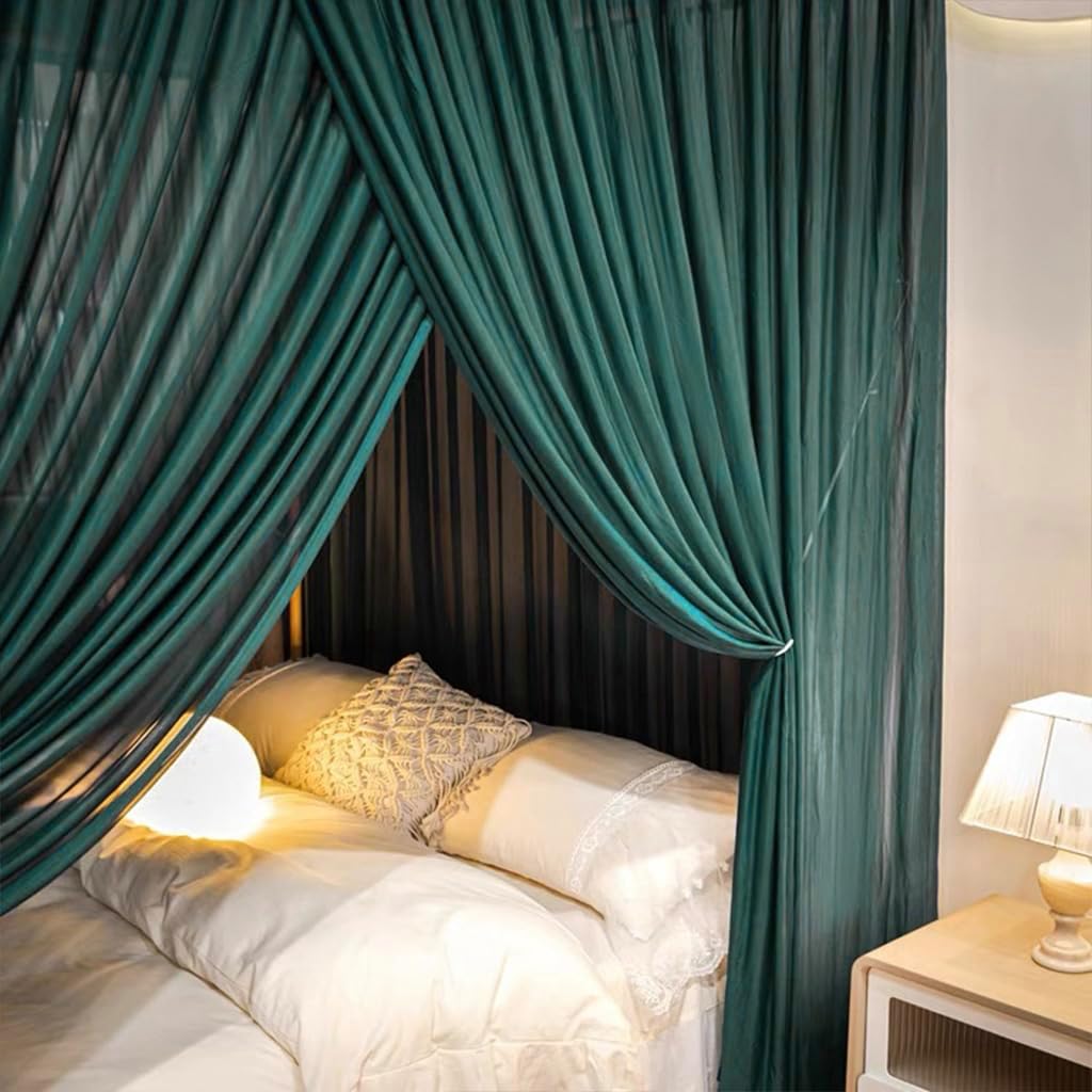 Silk Satin Bed Canopy Curtain, 4 Corner Post, Full, Green